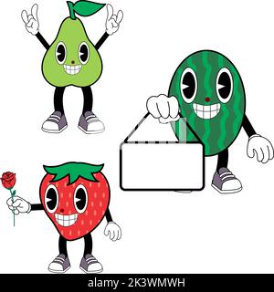 funny fruits cartoon old retro style cartoon pack in vector format Stock Vector