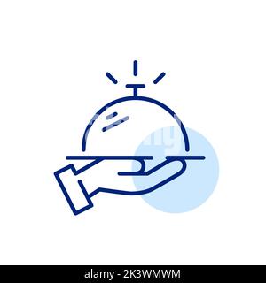 Room service. Hand holding restaurant cloche on a tray. Pixel perfect, editable stroke icon Stock Vector