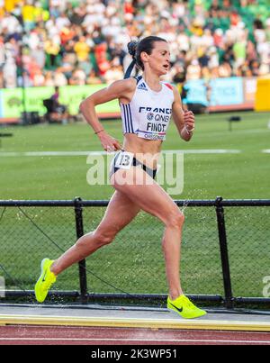 Eugene Rance Alice Finot of France competing in the women’s 3000m steeplechase final ...