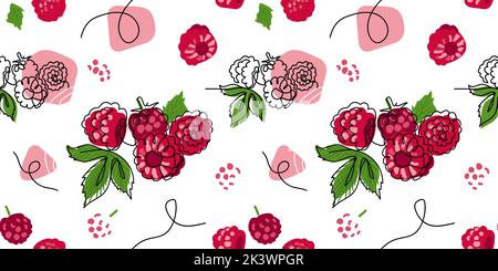 Raspberry vector pattern. One continuous line art drawing of raspberry pattern Stock Vector