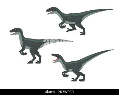 Velociraptor dinosaur set. Vector illustration set green dinosaur velociraptor isolated on white. Flat design, side view. Stock Vector