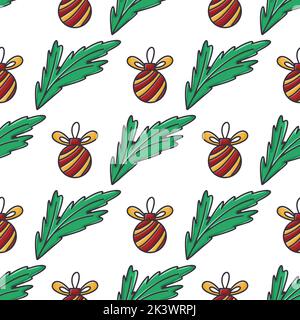Christmas balls and fir branches seamless pattern. Christmas and New Year vintage background. Print for digital paper wallpaper, textile, package Stock Vector