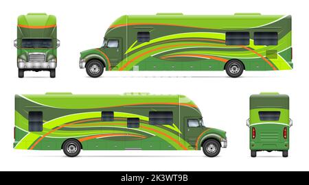 RV motorhome vector mockup on white for vehicle branding, corporate identity.  All elements in the group on separate layers for easy editing. Stock Vector