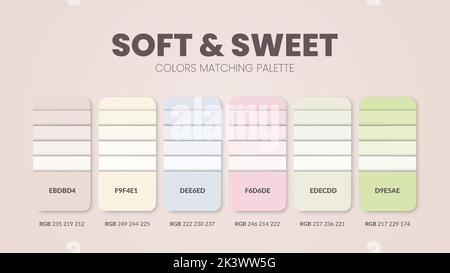 Soft and Sweet color scheme. Color Trends combinations and palette guide. Example of table color shades in RGB and HEX. Color swatch for fashion, home Stock Vector