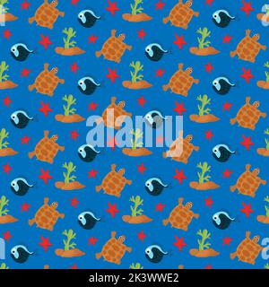 Pattern with fish, turtles and starfish on a blue background. Vector illustration. Stock Vector