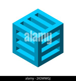 Blue 3D box building. Isometric cube with open spaces. Block shape that looks like ventilation opening. Business logo template. Architecture. Vector Stock Vector