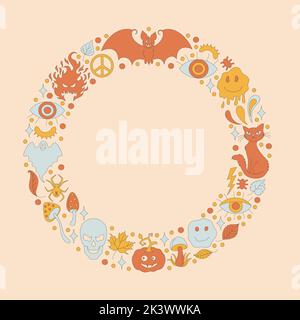 Retro frame with 70s style Halloween elements.  Stock Vector