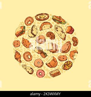 Colored hand drawn sketch of bread and bakery goods. Set of clipart elements placed in round Stock Vector