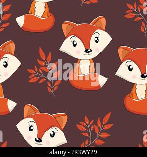 Seamless pattern with cute fox baby on color background. Funny forest animals. Card, postcards for kids. Flat vector illustration for fabric, textile Stock Vector