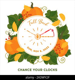 Fall Back 2022. Changing clocks to winter time, banner. Daylight Saving Time Ends, concept. Clocks with schedule date - 2022, november 6. Clocks decor Stock Vector