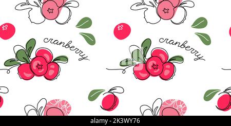 Cranberry, cowberry vector pattern. One continuous line art drawing cranberries pattern Stock Vector