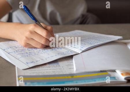 Kid affected by dyslexia doing homework, reading book using colorful overlay strip. Education, learning disability, reading difficulties concept Stock Photo