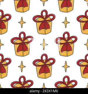 Gifts and stars cartoon seamless pattern. Festive traditional Christmas background with boxes and stars. Winter print for digital paper, wallpaper Stock Vector