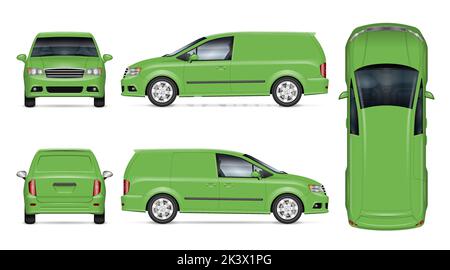 Green mini van vector mockup on white background for vehicle branding, corporate identity. View from side, front, back, top. All elements in the group Stock Vector