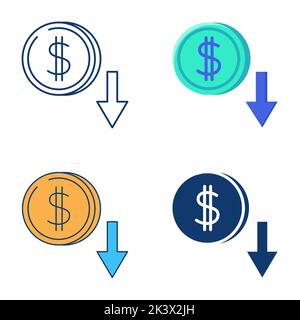 Cost reduction icon set in flat and line style. Price minimization symbol. Vector illustration. Stock Vector