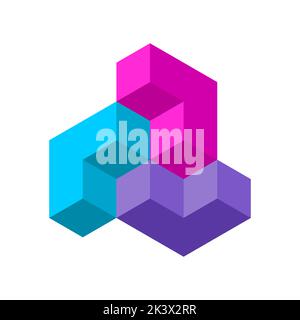 Colorful three letter L logo template. 3D cube design elements. Arrows pointing in different directions. Simple blue, pink, purple geometric shapes Stock Vector