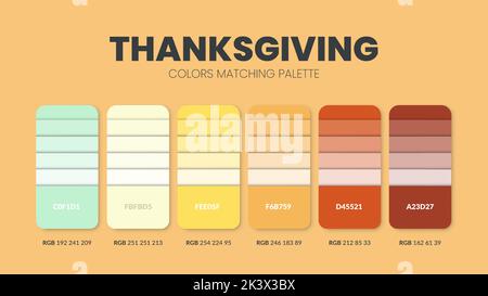 Thanksgiving color scheme. Color Trends combinations and palette guide. Example of table color shades in RGB and HEX. Color swatch for fashion, home, Stock Vector