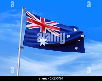 Beautiful Australia flag waving in the wind with sky background - 3D illustration - 3D render Stock Photo