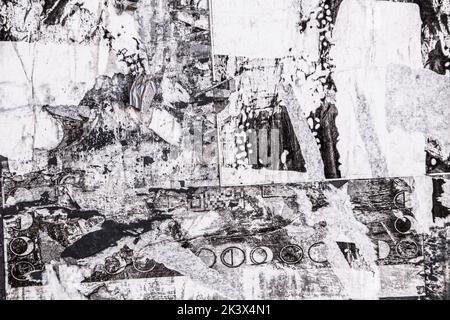Monotone grungy grainy blocks and circles and torn paper background Stock Photo