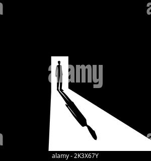 black and white vector graphic a man stand in front of the door into the dark room represents Stock Vector
