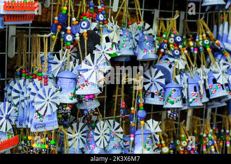 SIRINCE, Izmir, Turkey - January 16, 2022. Various Turkish traditional souvenirs in street shops. Stock Photo