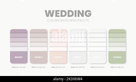 Wedding color scheme. Color Trends combinations and palette guide. Example of table color shades in RGB and HEX. Color swatch for fashion, home, inter Stock Vector