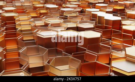 hexagon pattern, Futuristic surface concept with hexagons. Abstract Honeycomb, hexagonal grid, golden beeswax, Wax cells close up, uncapped honey comb Stock Photo