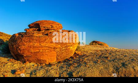 A large spherical sandstone concretion exposed fron the weathered clay in Red Rock Coulee Natural Area in southern Alberta Stock Photo