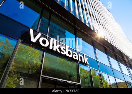Logo of German Volksbank co-operative banks network on the facade of the Freiburg im Breisgau branch, Germany Stock Photo