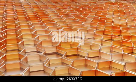 hexagon pattern, Futuristic surface concept with hexagons. Abstract Honeycomb, hexagonal grid, golden beeswax, Wax cells close up, uncapped honey comb Stock Photo
