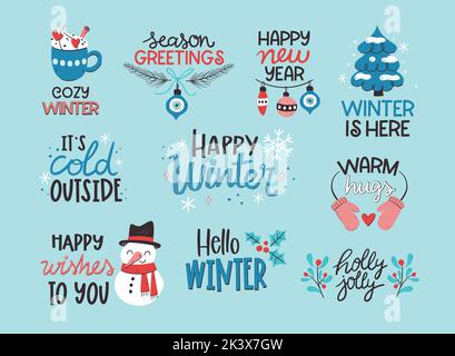 Winter Label Collection. Seasonal decorative sentences isolated on light background. Vector illustration. Stock Vector
