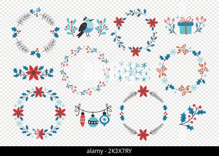 Winter decorative arrangements. Collection of wreath and cute dividers isolated on white background. Seasonal floral decoration. Vector illustration. Stock Vector