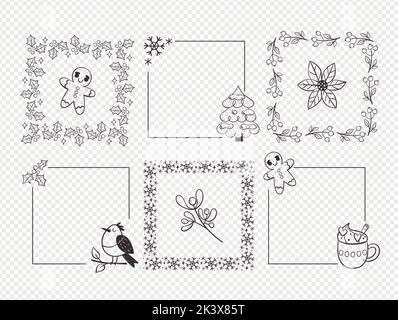 Winter decorative doodle frames. Collection of six cute frames isolated on white background. Seasonal floral decoration. Vector illustration. Stock Vector