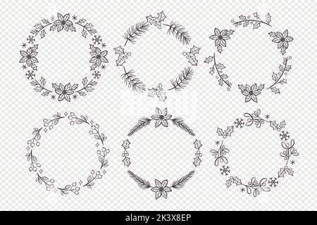 Winter doodle wreath collection. Six seasonal floral decorative wreaths, perfect for bullet journals and frames. Isolated vector elements. Stock Vector