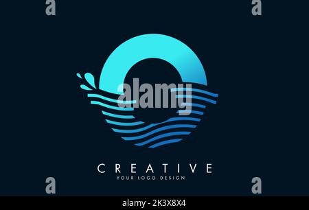 Blue O Letter Logo with Waves and Water Drops Design Vector Illustration. Stock Vector