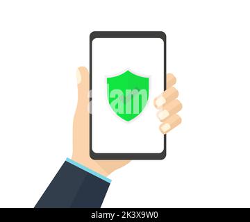 Security data technology and personal privacy on  phone concept logo design. Shield with checkmark icon. Digital data security and mobile phone. Stock Vector
