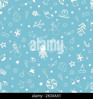 Vector christmas and new year seamless pattern with white doodles elements on light blue background. Cute cartoon snowman, garland, gift box, candle, Stock Vector