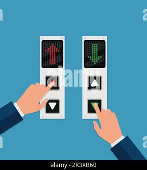 Businessman or manager hand pressing elevator button. Lift call buttons panel. Flat vector illustration. eps 10 Stock Vector