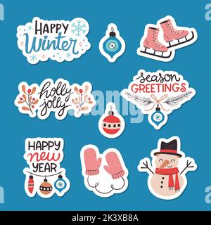 Cute winter sticker collection. Hand-drawn colorful stickers with winter decorative sentences and elements. Vector illustration. Set 2 of 2. Stock Vector