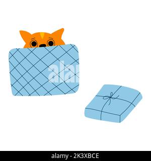 Vector illustration of ginger cat inside opened blue gift box in cartoon flat childish style for kids design, card, textile Stock Vector
