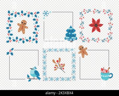 Winter decorative frames. Collection of six cute frames isolated on white background. Seasonal floral decoration. Vector illustration. Stock Vector