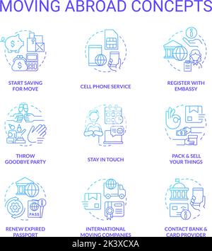 Moving abroad blue gradient concept icons set Stock Vector