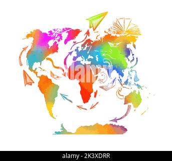 World map colorful silhouette with arrows abstraction. Vector illustration Stock Vector
