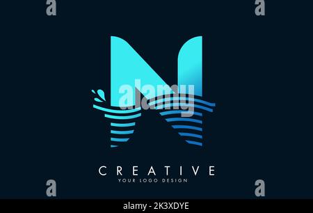 Blue N Letter Logo with Waves and Water Drops Design Vector Illustration. Stock Vector