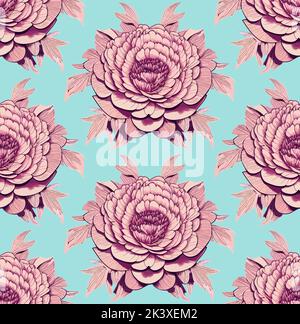 Seamless pattern of peonies flowers, pink on blue, high quality vector, modern botanic style Stock Vector