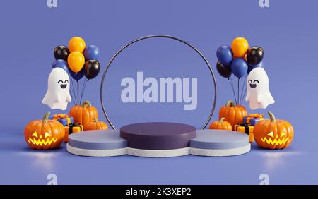 Halloween three podium platform with pumpkins, balloons and ghosts on dark background for greeting card or stuff presentation. Happy halloween sales a Stock Photo