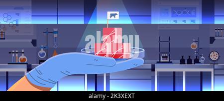 scientist hand holding cultured red raw meat made from animal cells artificial lab grown meat production concept Stock Vector