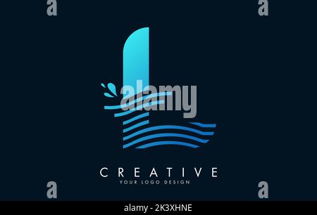 Blue L Letter Logo with Waves and Water Drops Design Vector Illustration. Stock Vector