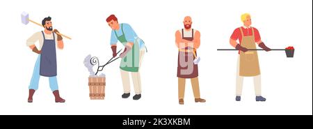 Blacksmith character at medieval forge vector cartoon set. Master smith in apron working on hot iron, coal using hammer illustration. Ancient historic Stock Vector