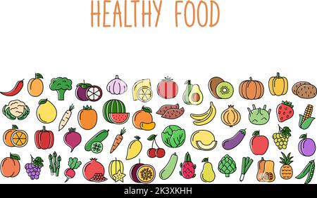 Background with color line icons of vegetables, fruits and berries, vector illustration Stock Vector